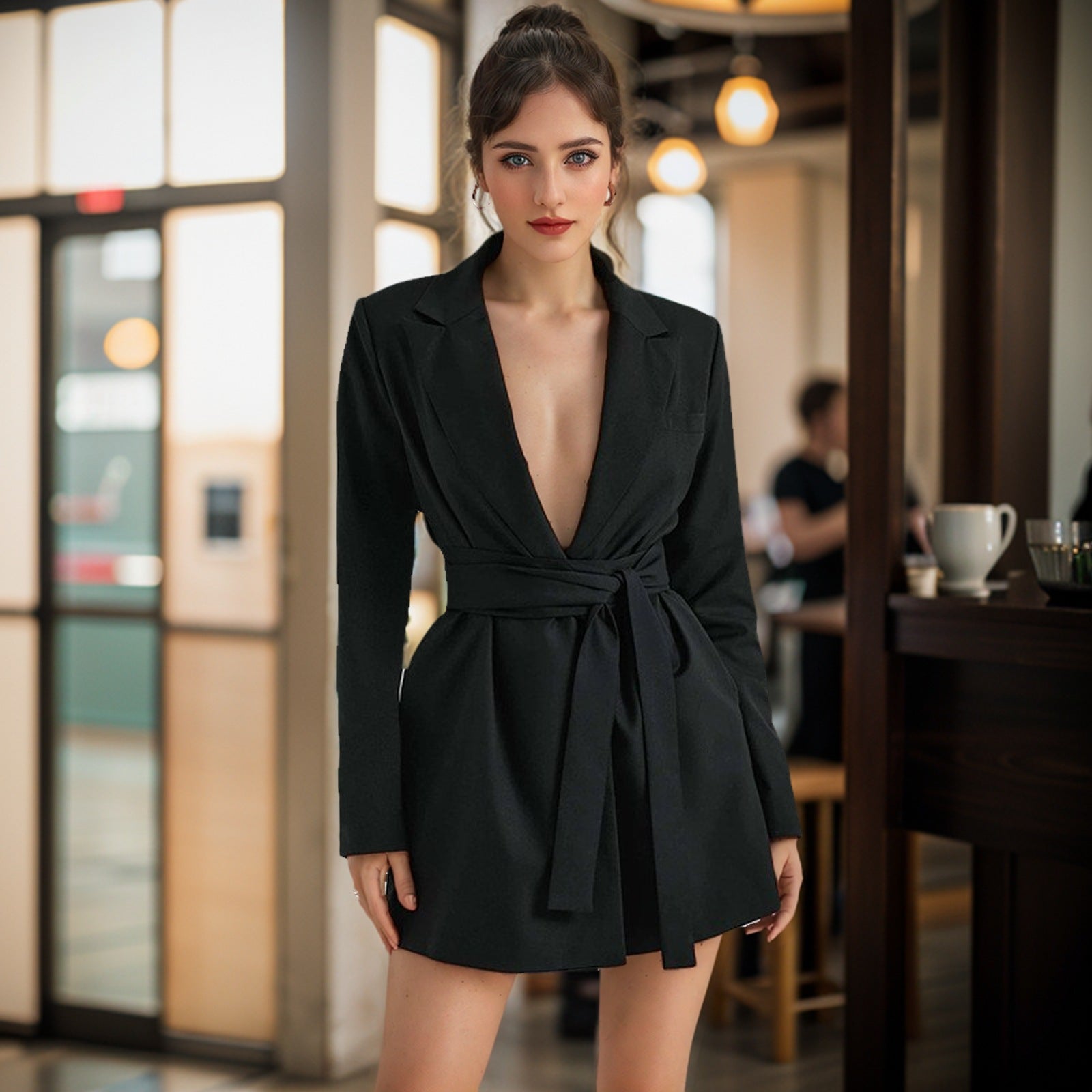 Damen Schwarzes Blazer-Kleid mit Tiefem V-Ausschnitt - Lange Ärmel & Taillengürtel