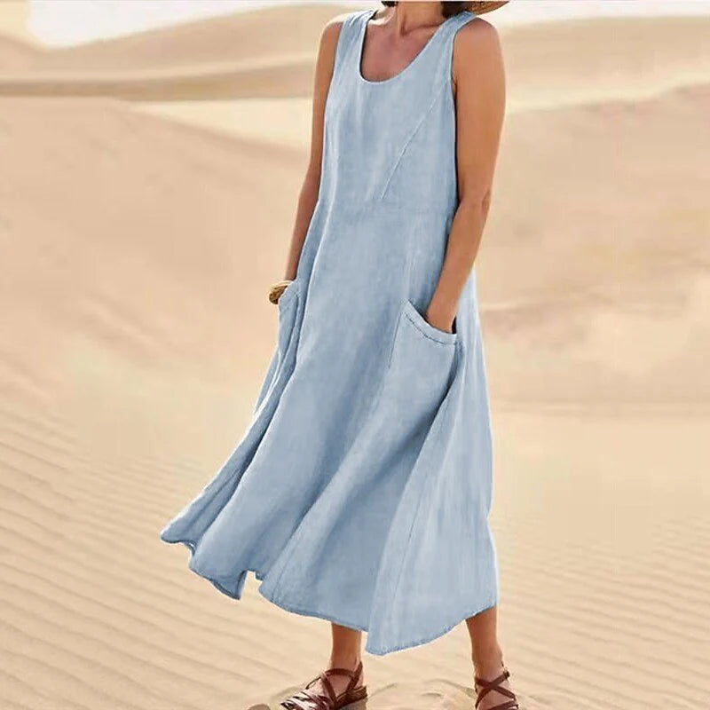 Women's Linen Midi Dress - Sleeveless with Pockets