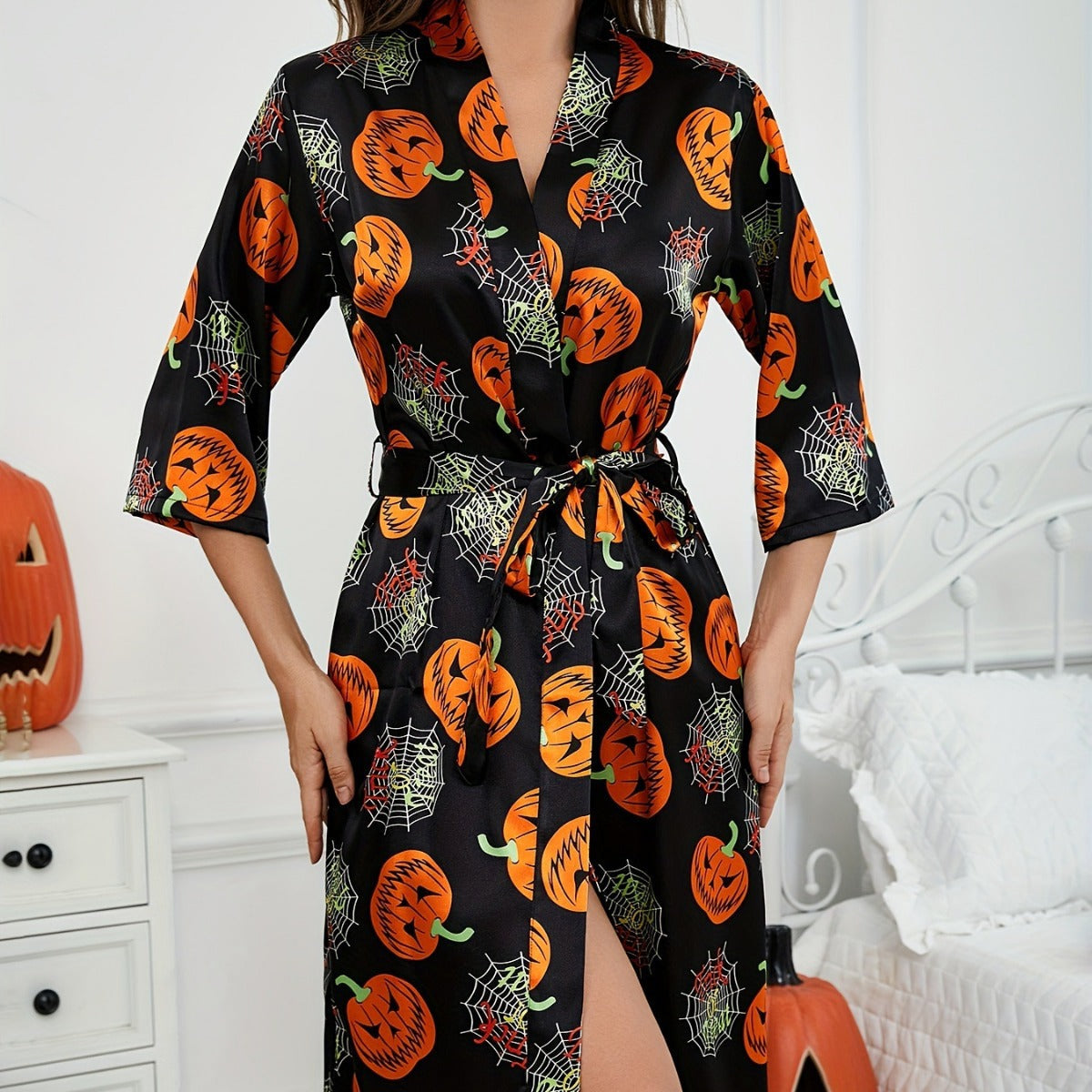 Vestito Halloween da donna - Cintura a fiocco con stampa di zucche e ragnatele