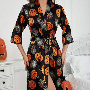 Vestito Halloween da donna - Cintura a fiocco con stampa di zucche e ragnatele