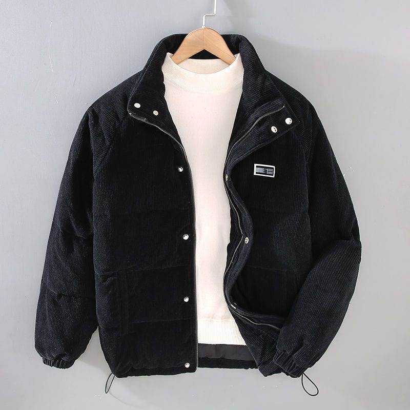 Men's Corduroy Puffer Winter Jacket - Quilted with Stand-up Collar