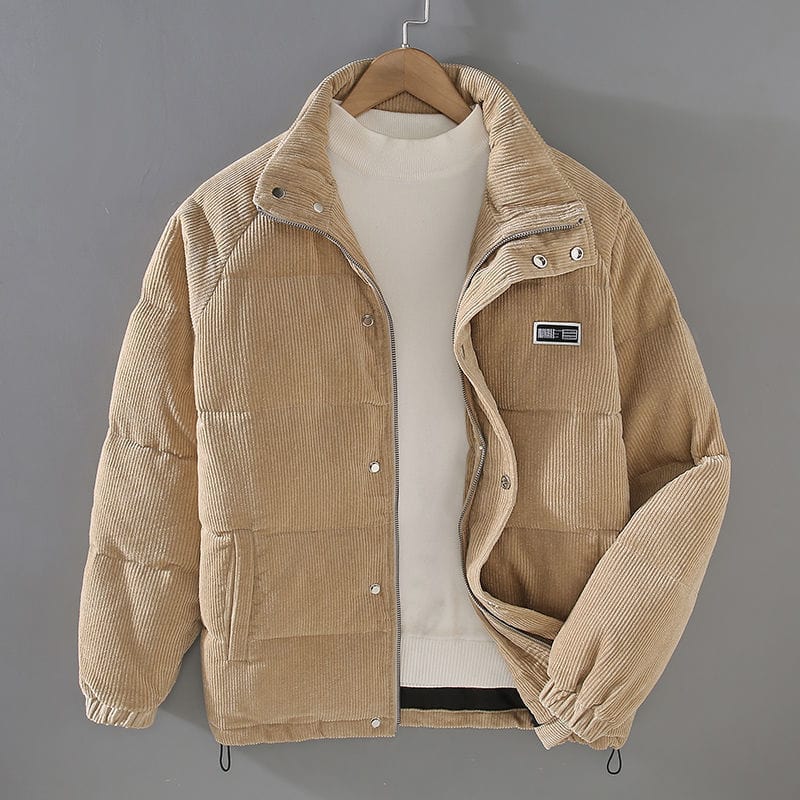 Men's Corduroy Puffer Winter Jacket - Quilted with Stand-up Collar