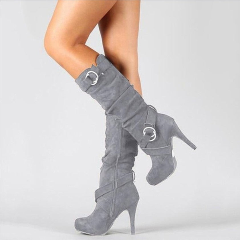Women's knee-high boots with stiletto heel - ruching with buckle strap