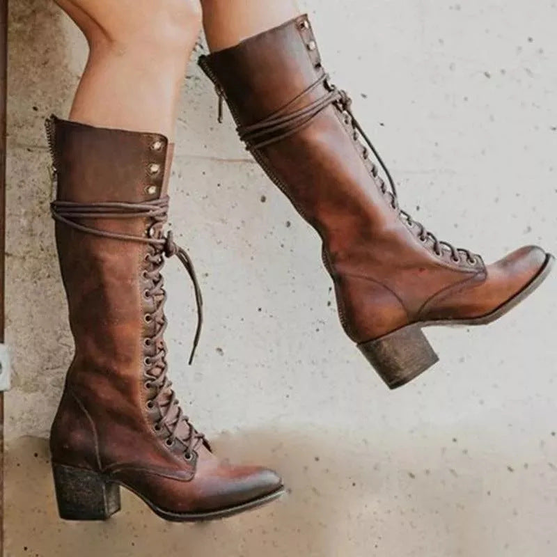 Damen Kniehohe Schnürstiefel - Chunky-Absatz & Reißverschluss hinten