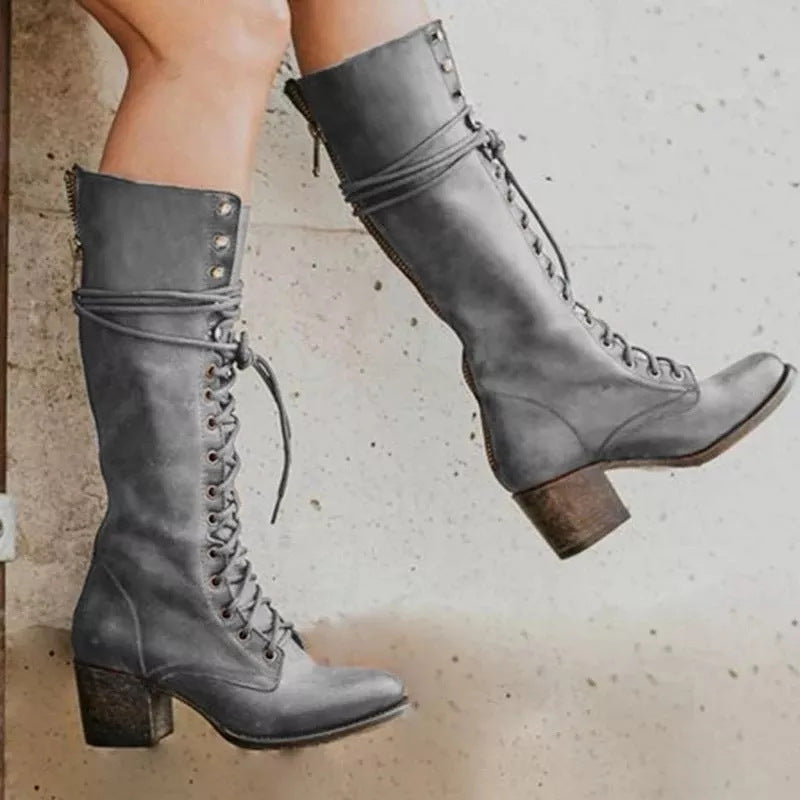 Damen Kniehohe Schnürstiefel - Chunky-Absatz & Reißverschluss hinten