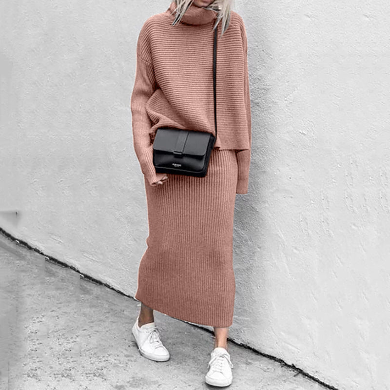 Women's Knitted Two-Piece Set - Long Skirt and Turtleneck Top
