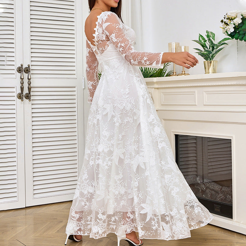 Women’s Long Sleeve Maxi Dress - A-Line Style & Floral Embroidered
