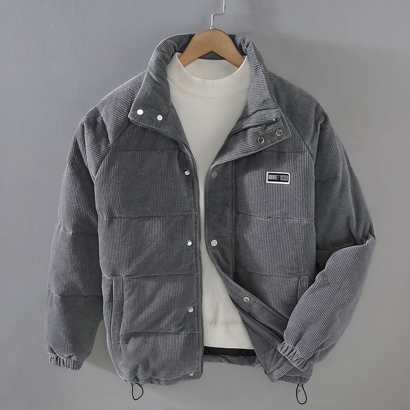 Men's Corduroy Puffer Winter Jacket - Quilted with Stand-up Collar