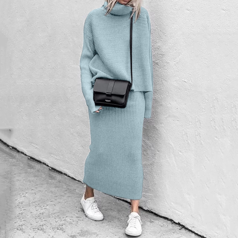 Women's Knitted Two-Piece Set - Long Skirt and Turtleneck Top