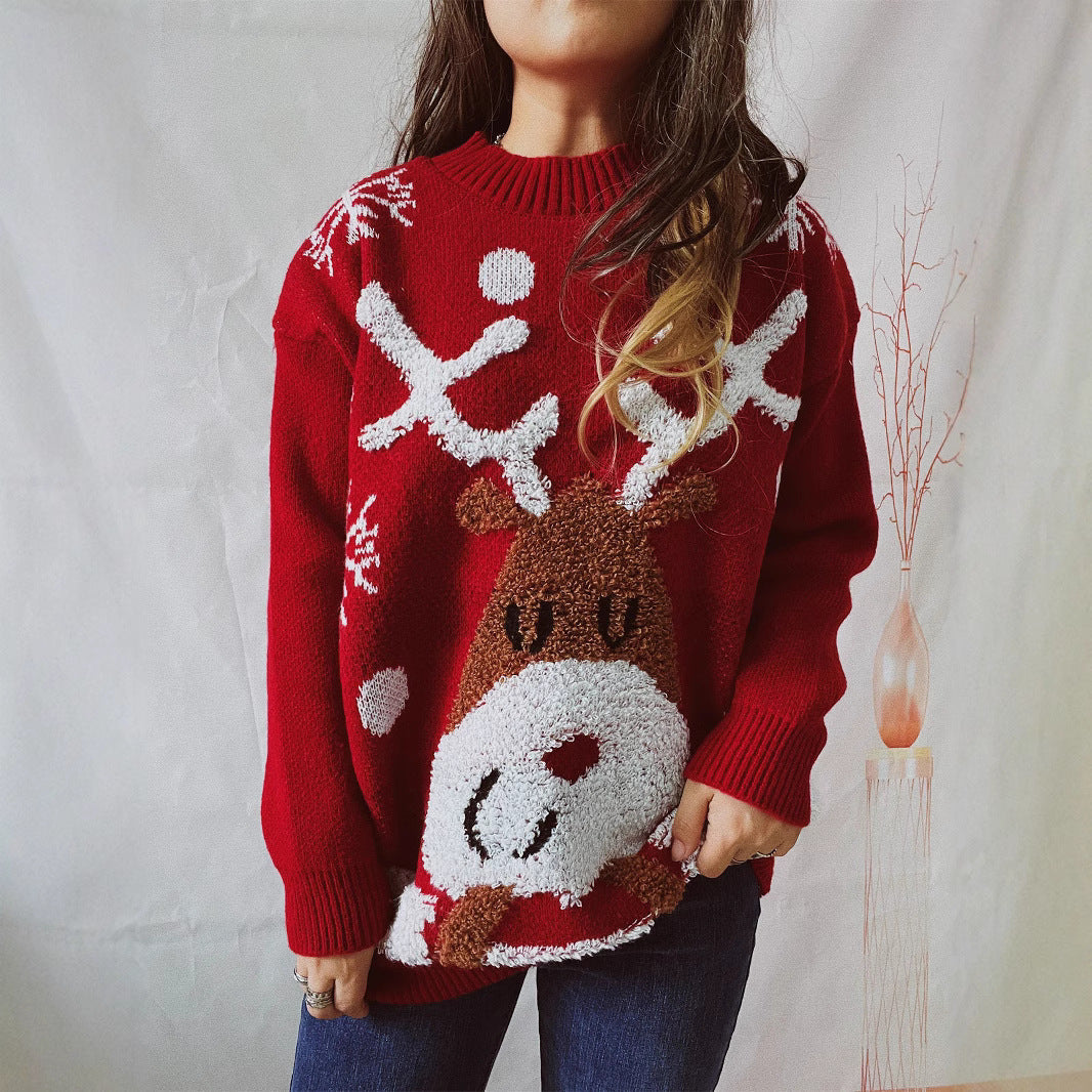 Damen Roter Weihnachtspullover - Flauschiges Rentier Textur-Strick