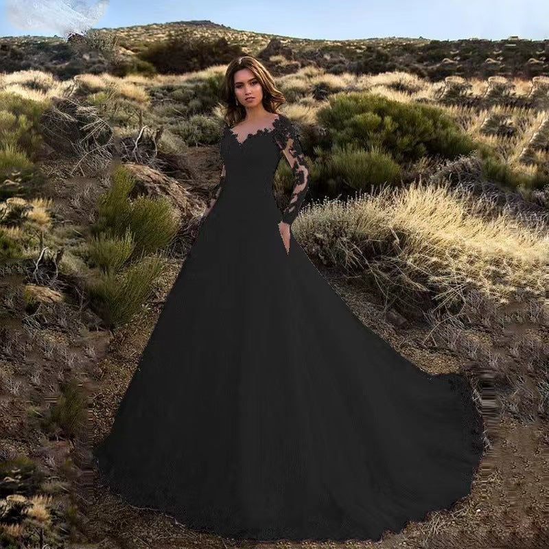 Women’s Long Sleeve Maxi Dress - A-Line Style & Floral Embroidered