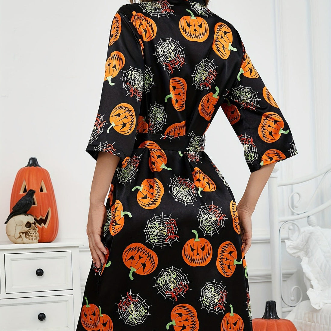 Dam Halloween Pumpa Tryckt Morgonrock - Myskläder Kimono