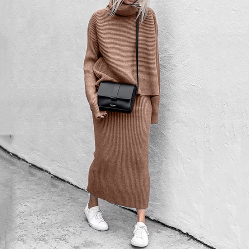 Women's Knitted Two-Piece Set - Long Skirt and Turtleneck Top