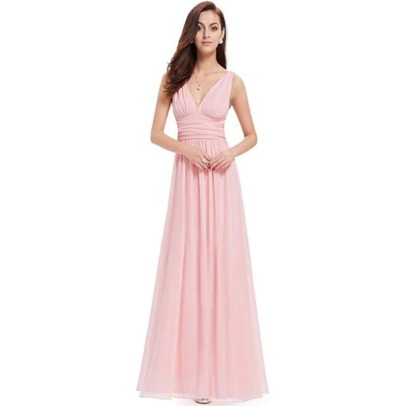 Women's V-Neck Maxi Dress - Sleeveless & Ruched Waist