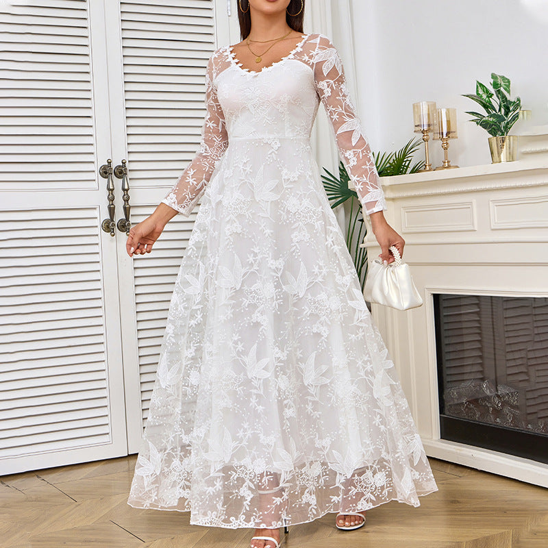Women’s Long Sleeve Maxi Dress - A-Line Style & Floral Embroidered