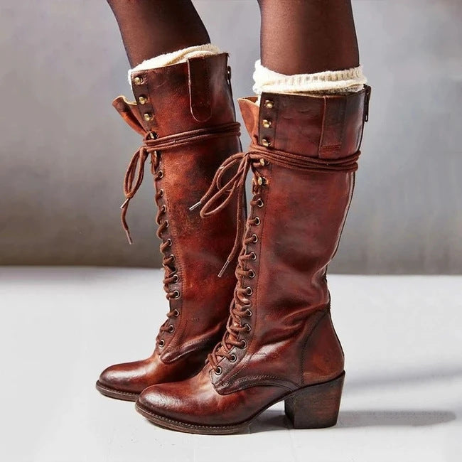 Damen Kniehohe Schnürstiefel - Chunky-Absatz & Reißverschluss hinten