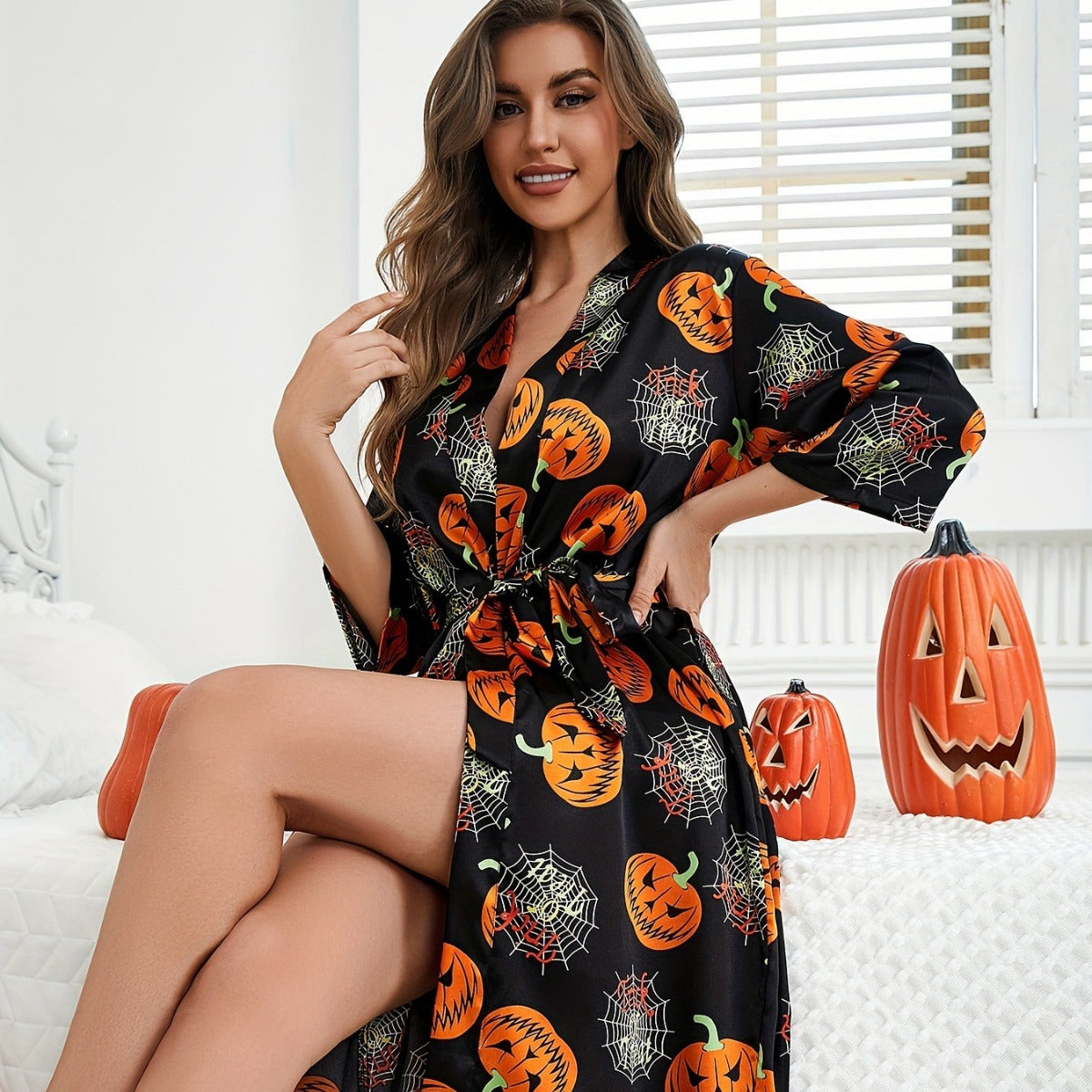 Dam Halloween Pumpa Tryckt Morgonrock - Myskläder Kimono