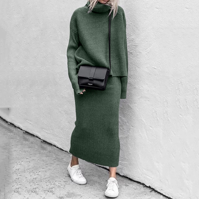Women's Knitted Two-Piece Set - Long Skirt and Turtleneck Top