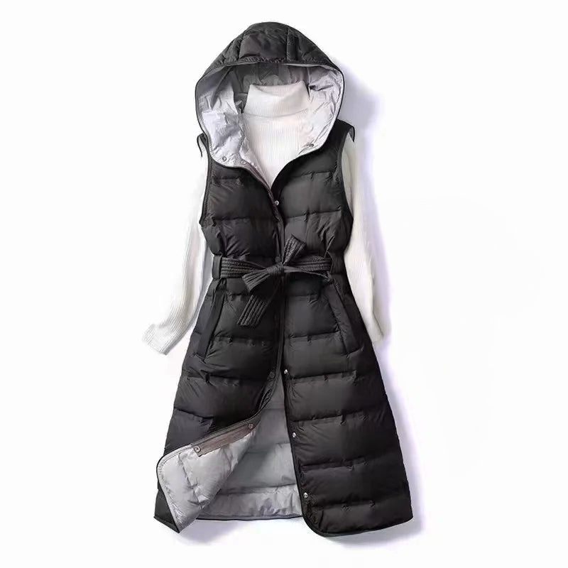 Women's Long Puffer Vest - Belt & Hood