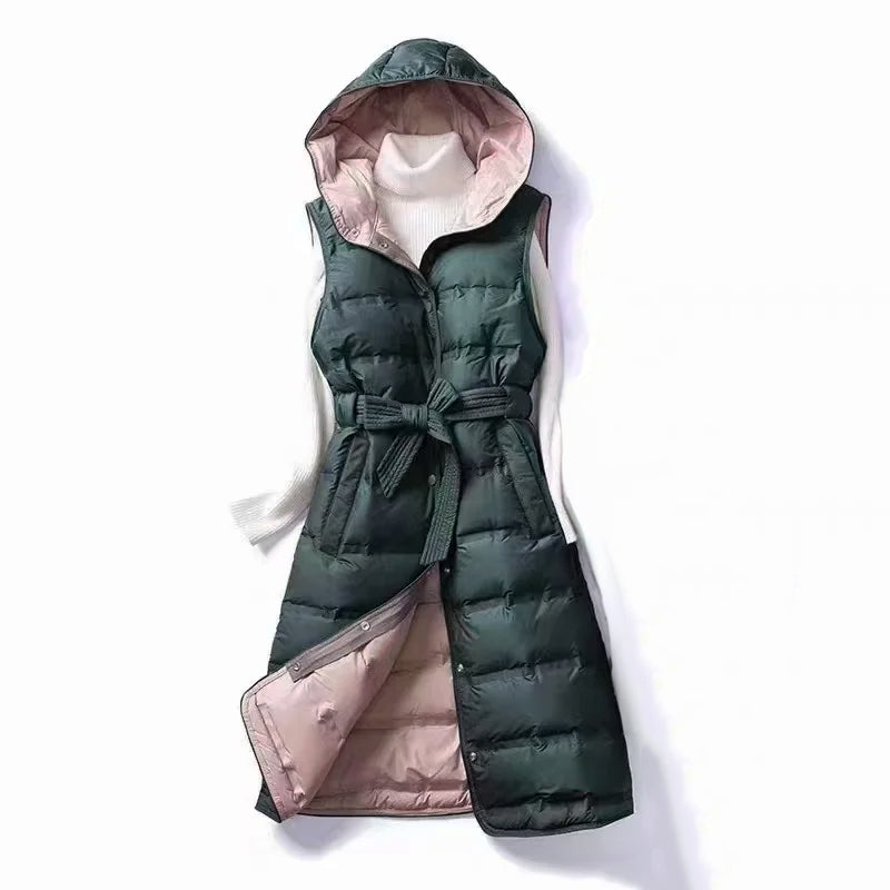 Women's Long Puffer Vest - Belt & Hood