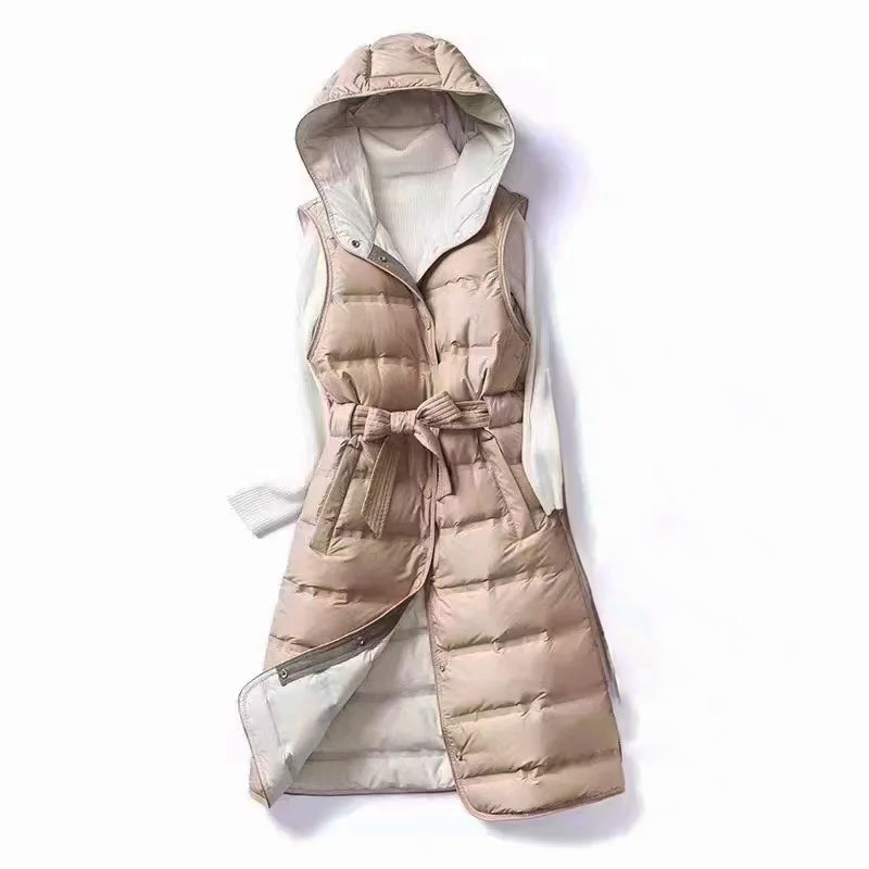 Women's Long Puffer Vest - Belt & Hood