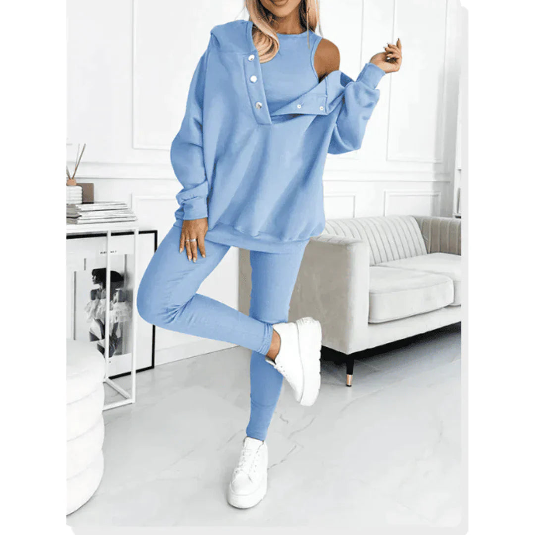 Conjunto de ropa de casa para mujer - Sudadera con capucha con botonadura y pantalones