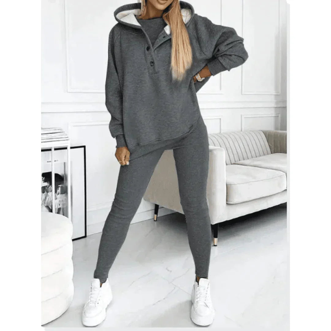 Conjunto de ropa de casa para mujer - Sudadera con capucha con botonadura y pantalones