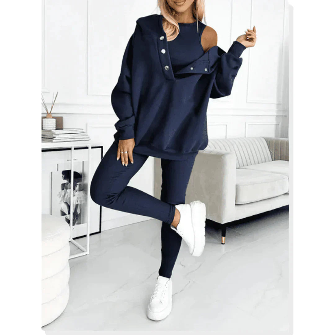 Women's House Suit Set - Hoodie with Button Placket and Pants