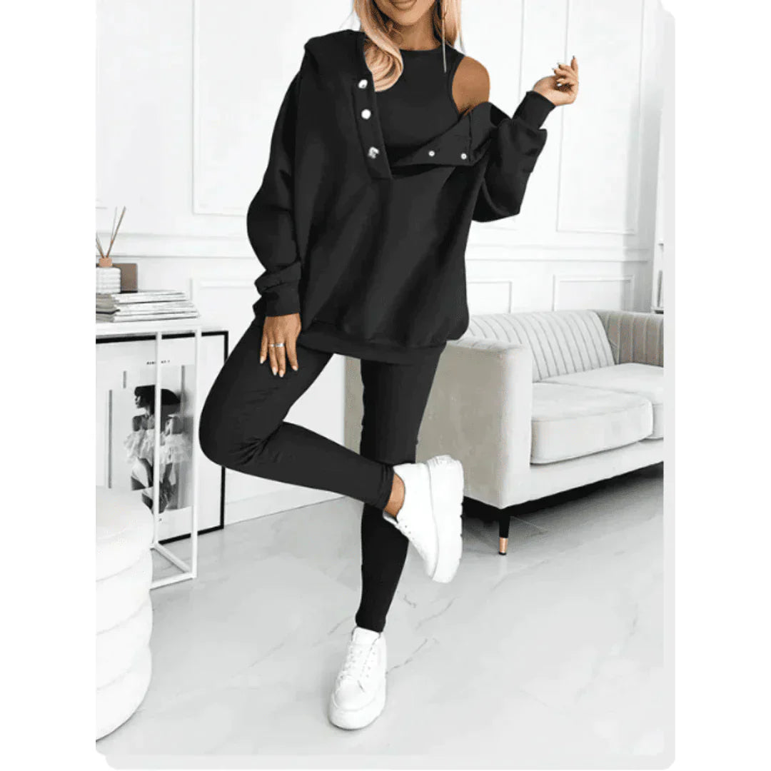 Women's House Suit Set - Hoodie with Button Placket and Pants