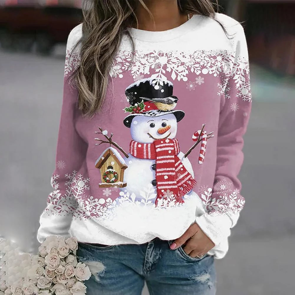 Damen Schneemann Strickpullover - Rundhals mit Weihnachtsmuster