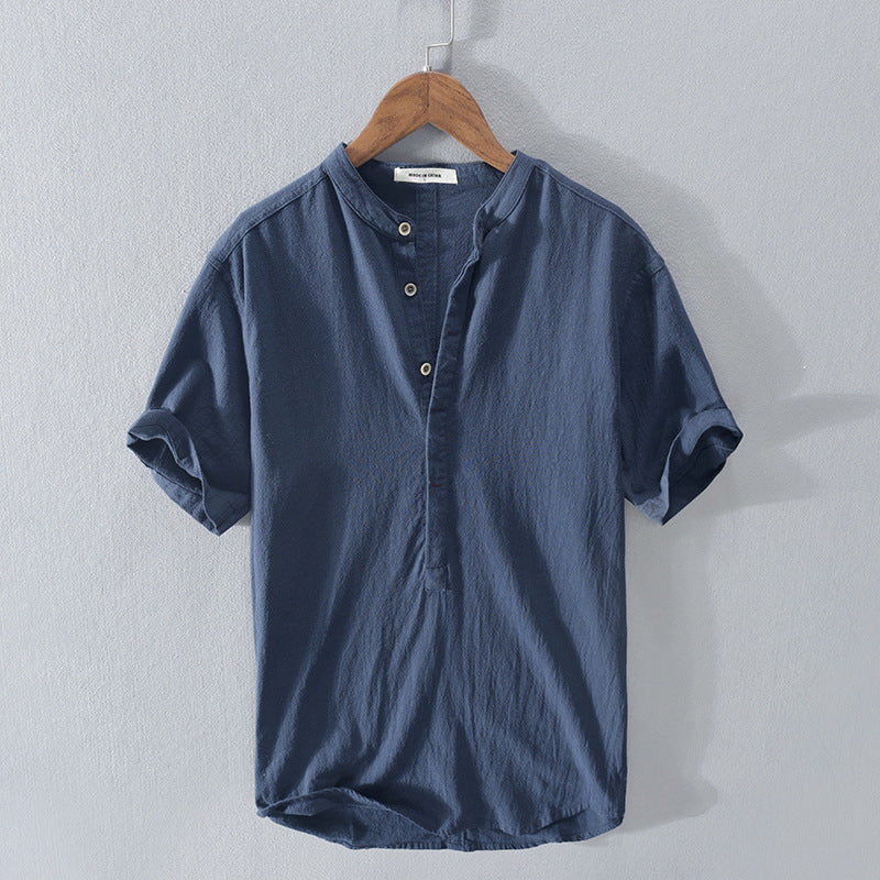Men's Linen Shirt - Short Sleeve with Chinese Collar
