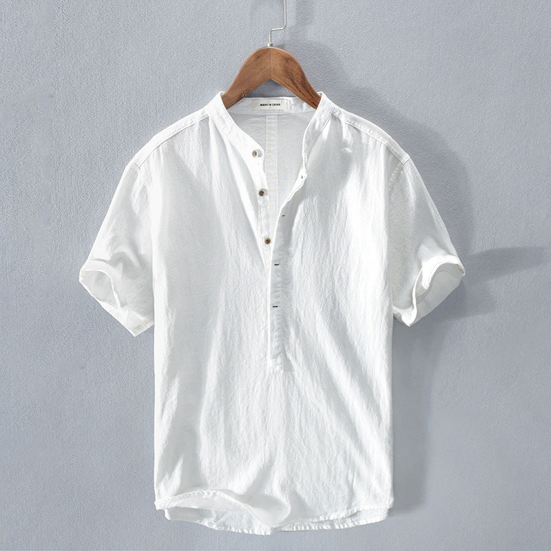 Men's Linen Shirt - Short Sleeve with Chinese Collar