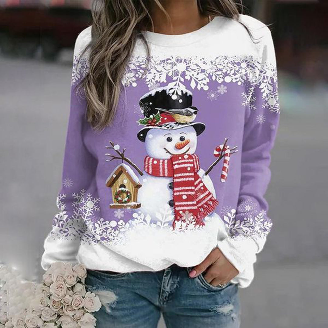 Damen Schneemann Strickpullover - Rundhals mit Weihnachtsmuster