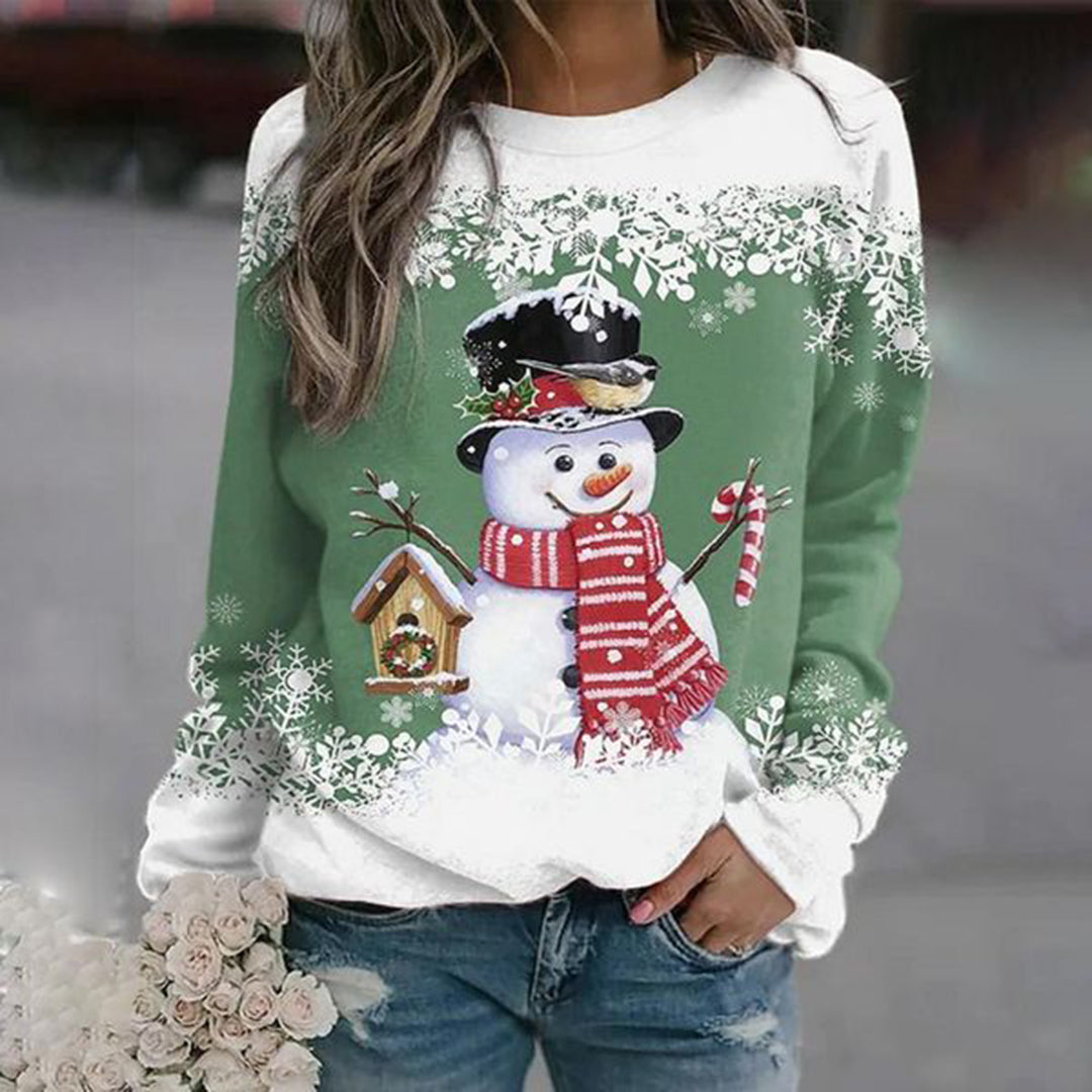 Damen Schneemann Strickpullover - Rundhals mit Weihnachtsmuster