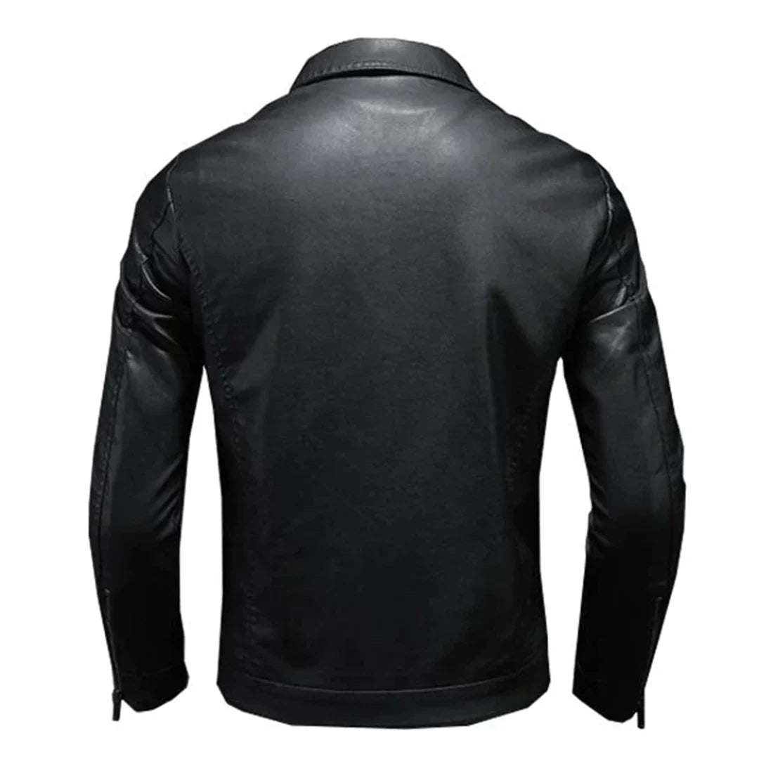 Men's Black Leather Jacket - Trucker Style & Front Zipper