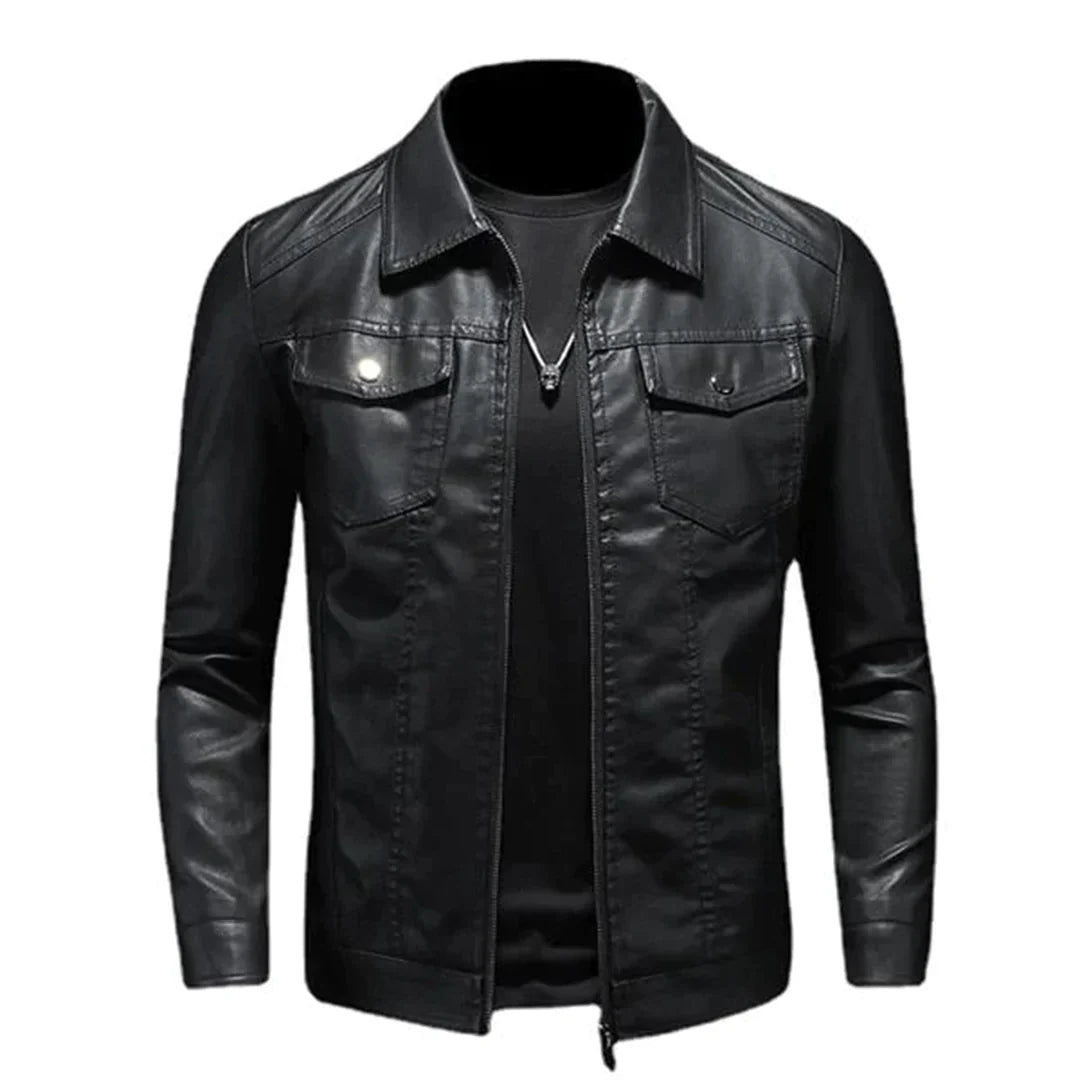 Herren Schwarze Lederjacke - Trucker-Stil & Reißverschluss vorne