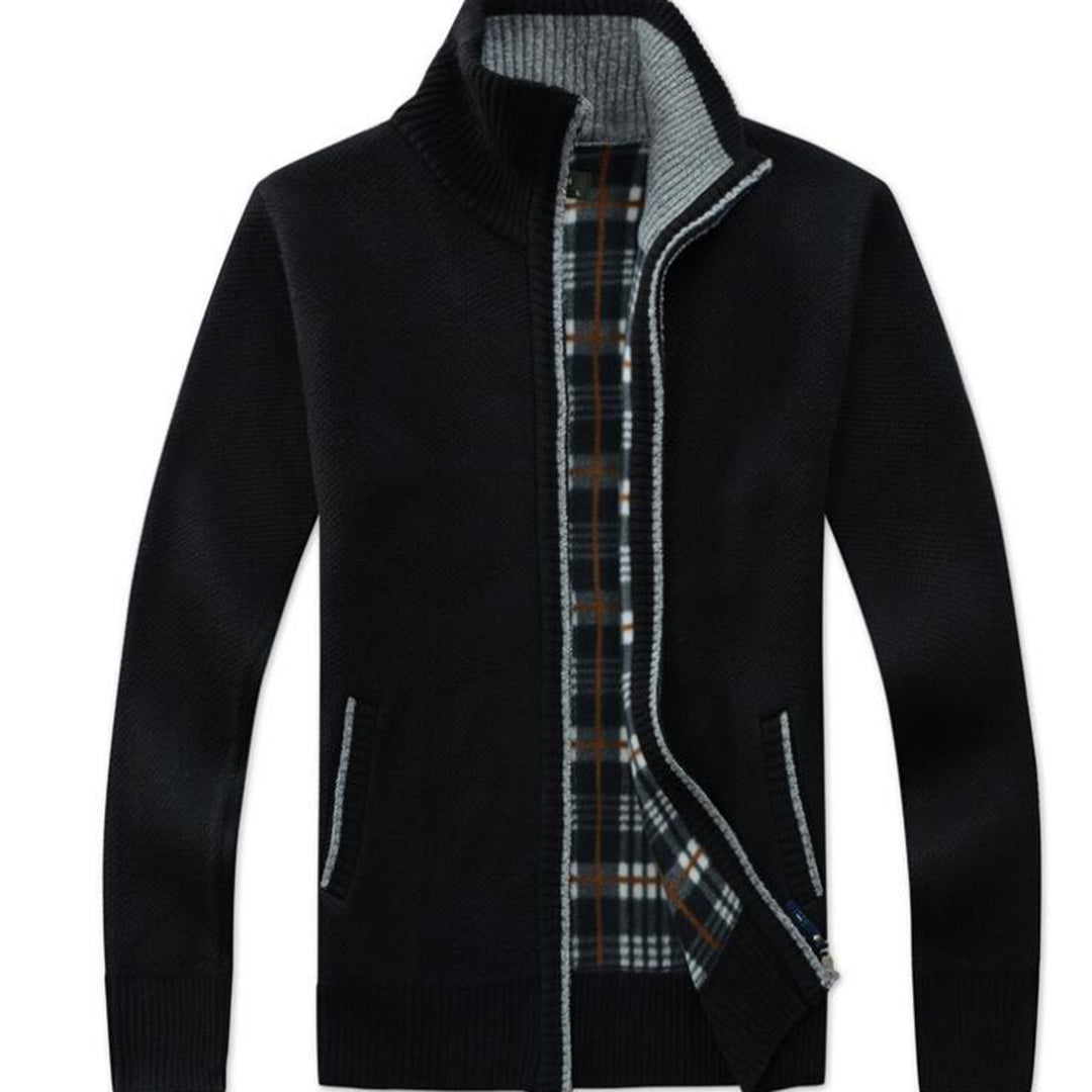 Herren-Cardigan mit Stehkragen - warmes Karofutter