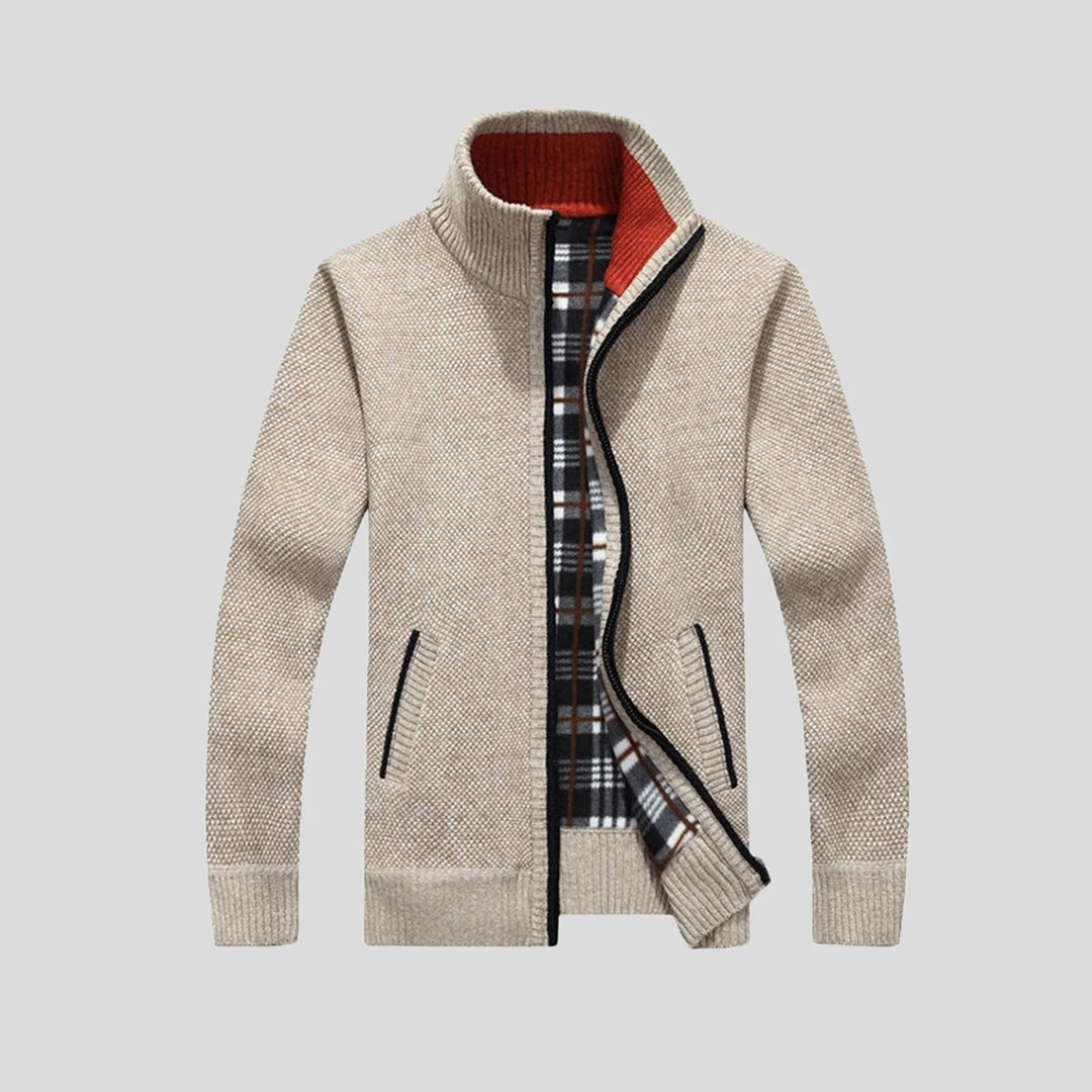 Herren-Cardigan mit Stehkragen - warmes Karofutter