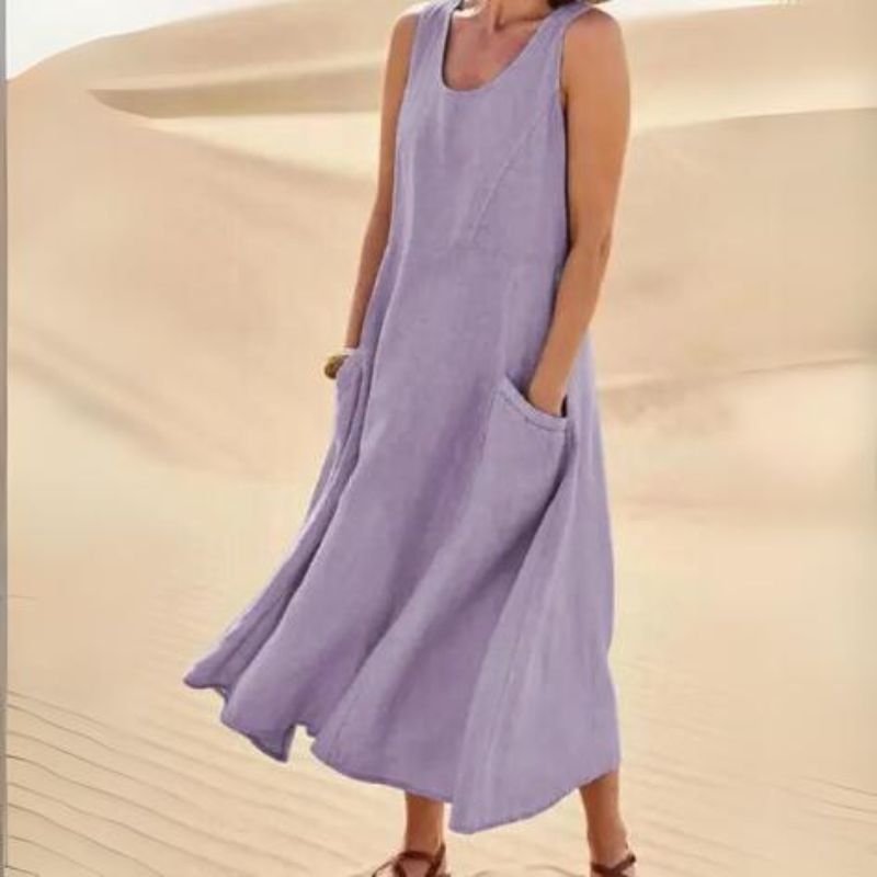 Women's Linen Midi Dress - Sleeveless with Pockets