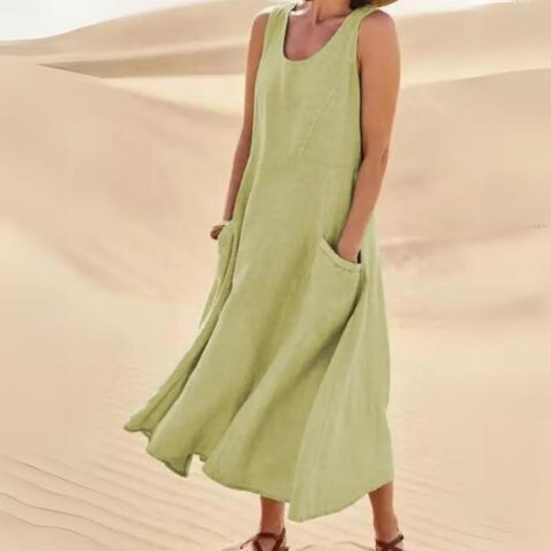 Women's Linen Midi Dress - Sleeveless with Pockets