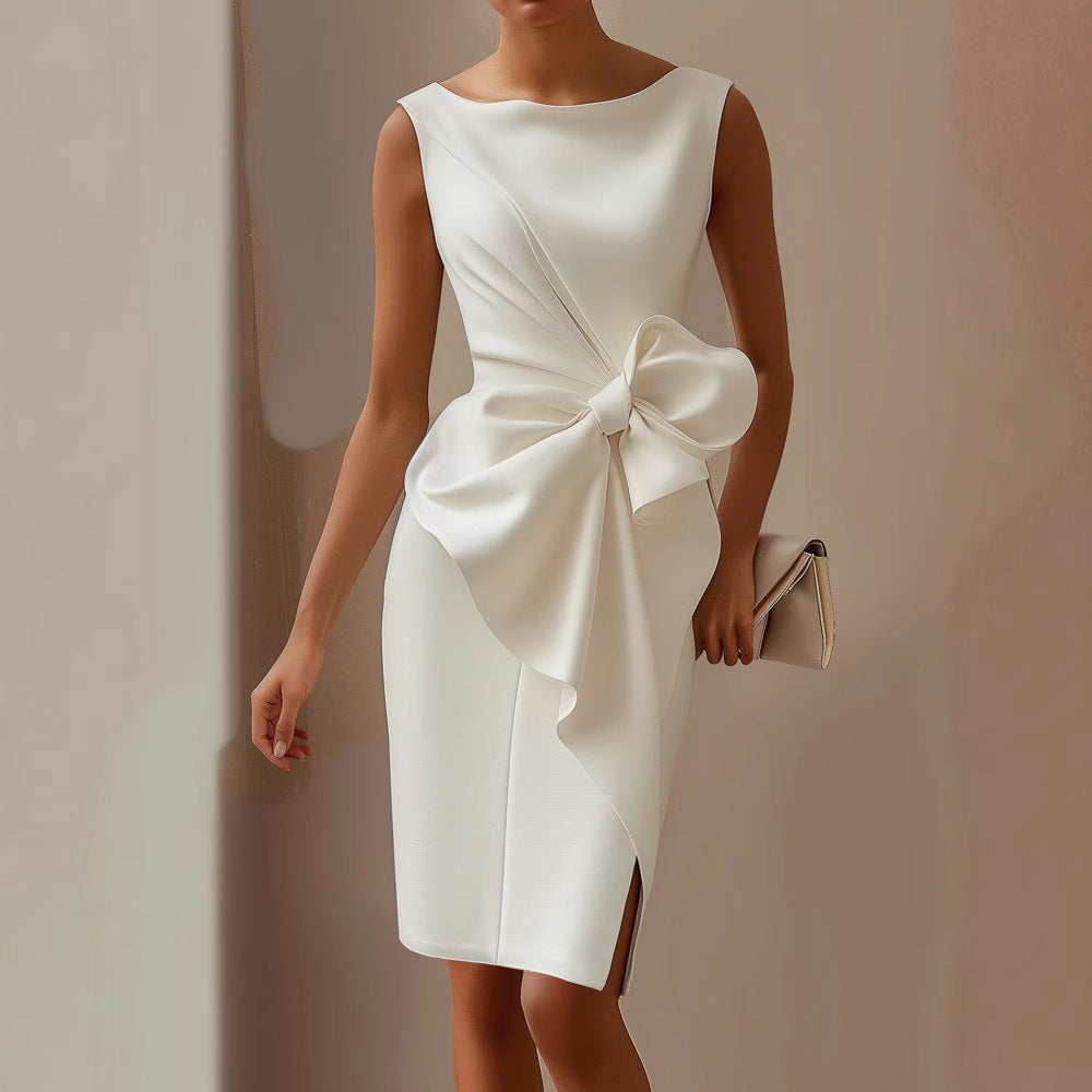 Damen Ärmelloses Midi Hochzeitsgastkleid Drapiert mit Übergroßer Schleife