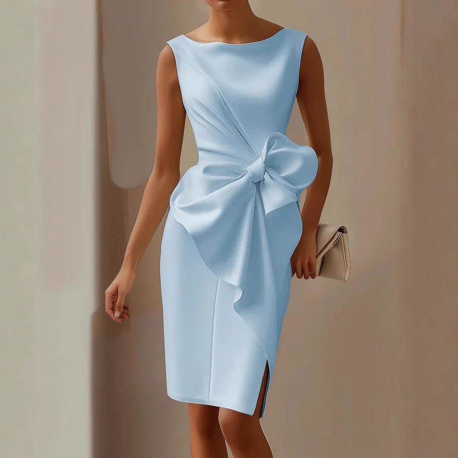 Damen Ärmelloses Midi Hochzeitsgastkleid Drapiert mit Übergroßer Schleife