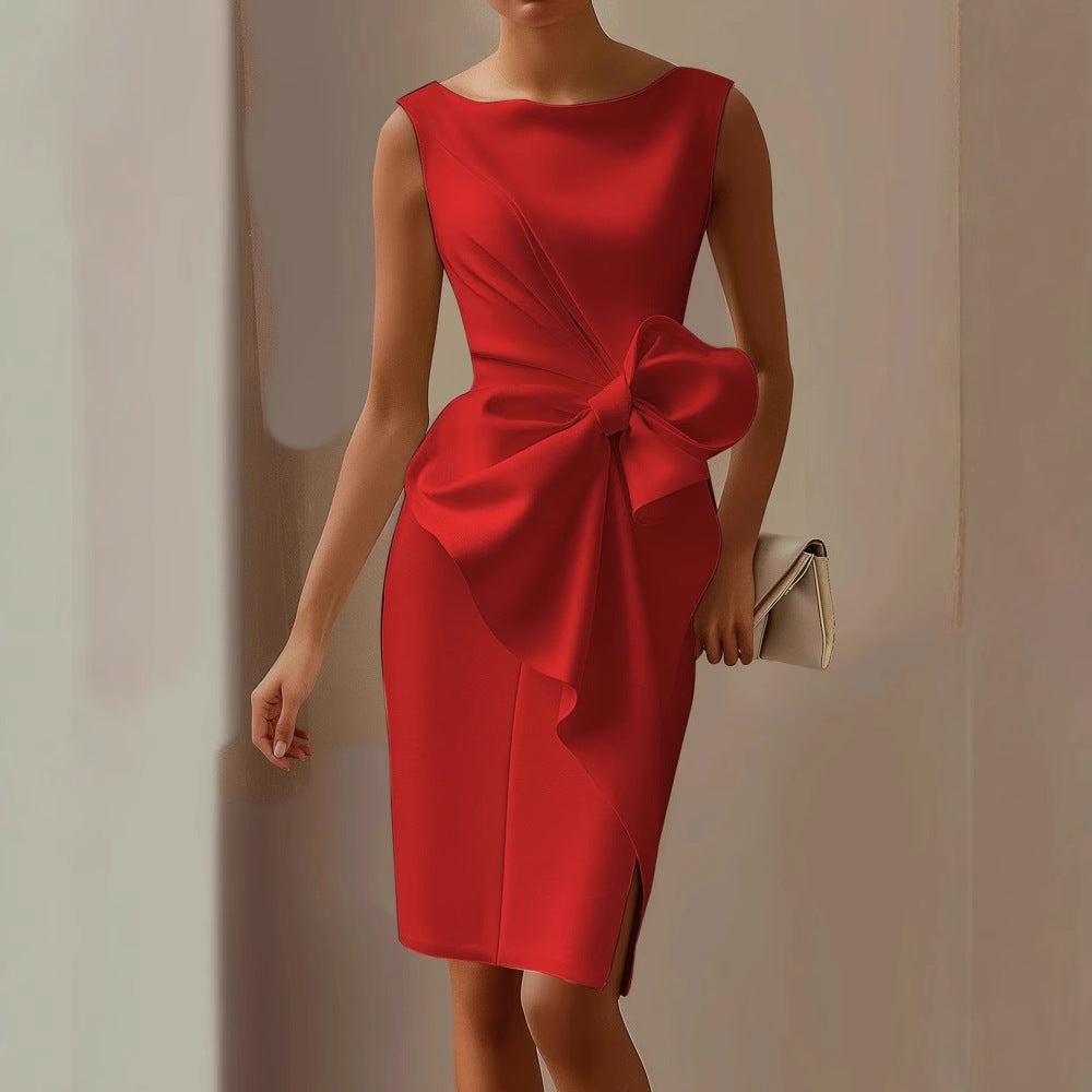 Damen Ärmelloses Midi Hochzeitsgastkleid Drapiert mit Übergroßer Schleife