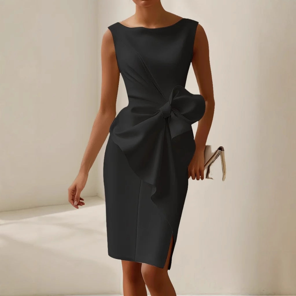 Damen Ärmelloses Midi Hochzeitsgastkleid Drapiert mit Übergroßer Schleife