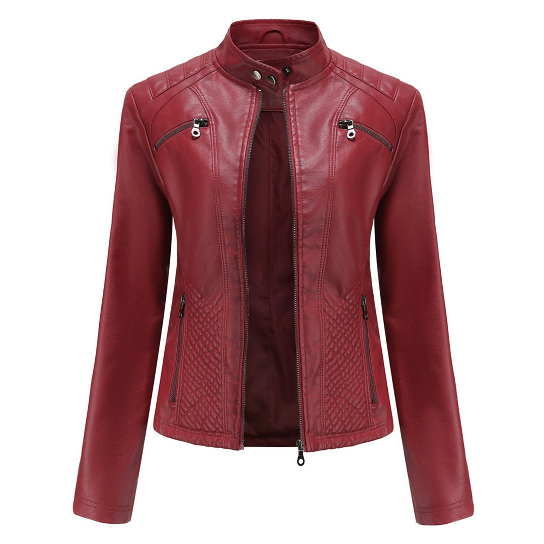 Damen Bikerjacke mit Hohem Kragen - Reißverschluss mit Gesteppten Details