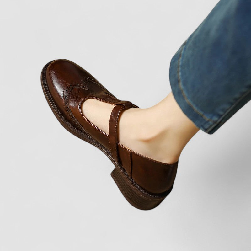 Damen Mary Jane Schuhe T-Steg Leder Loafer Vintage