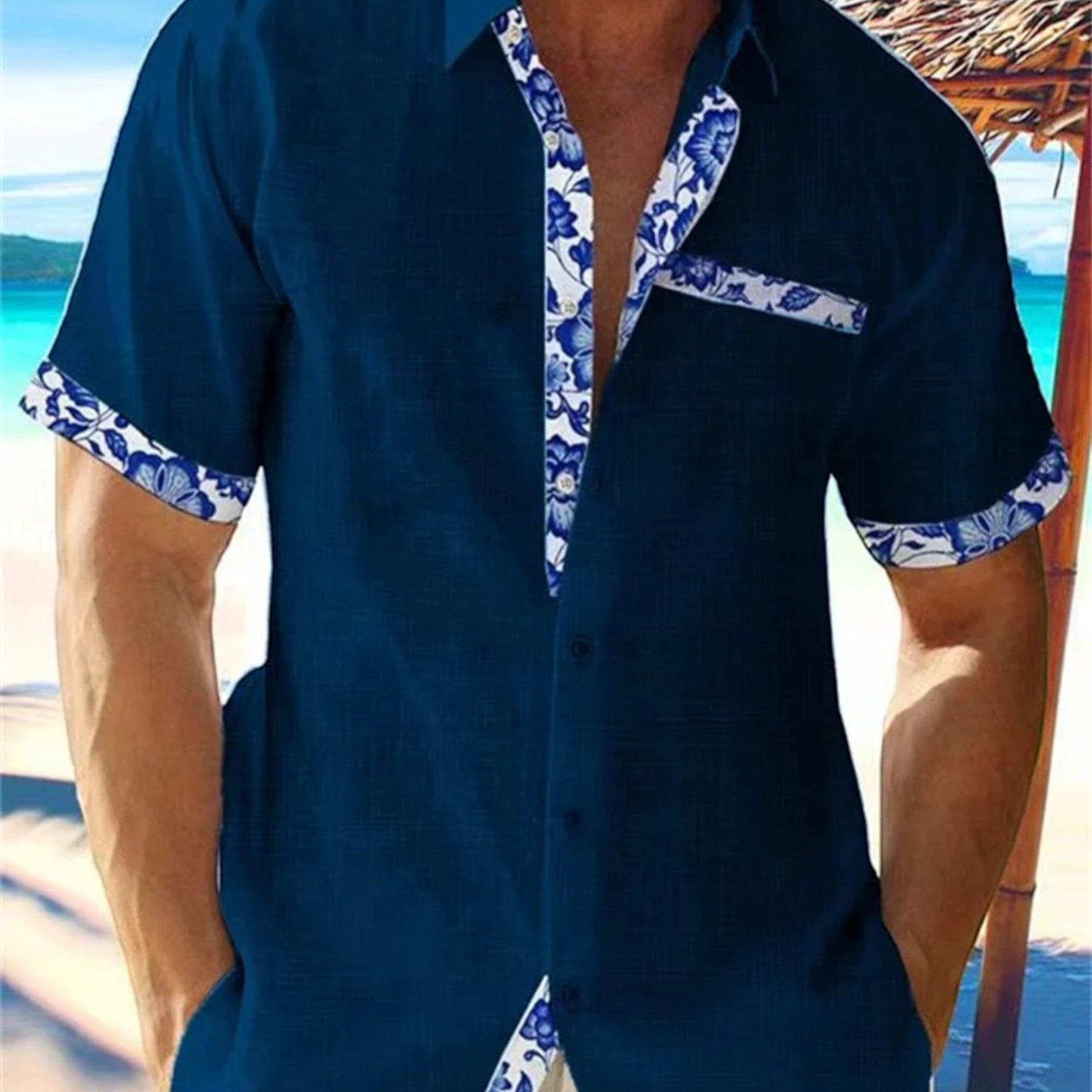 Men's Linen Shirt - Tropical Style with Floral Accents