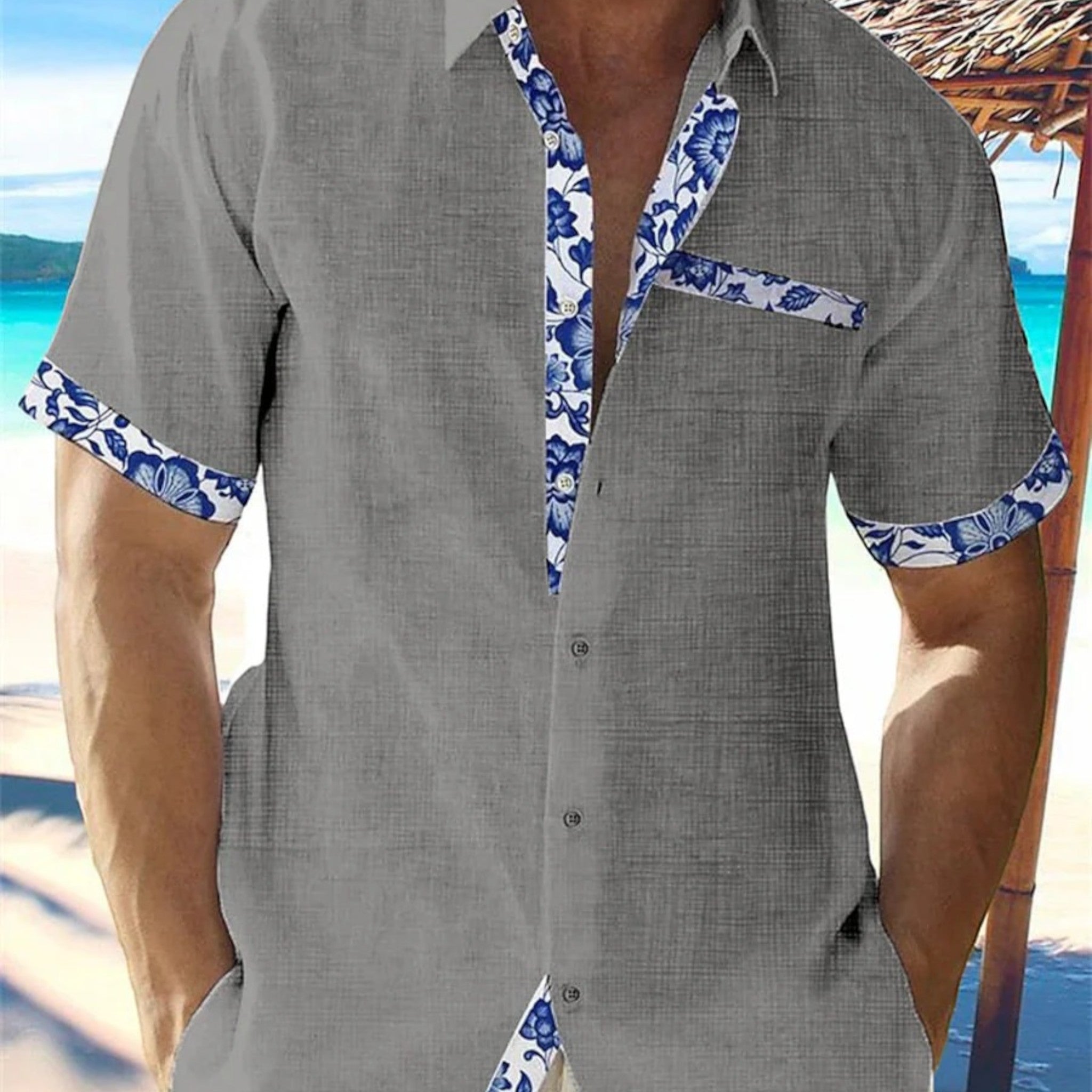 Men's Linen Shirt - Tropical Style with Floral Accents