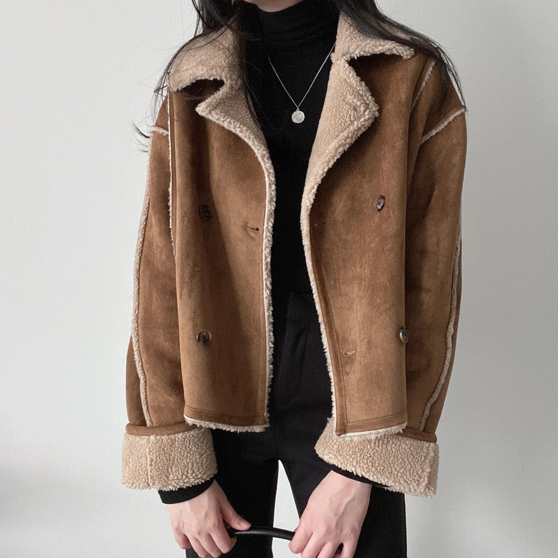 Women's Brown Suede Winter Jacket - Lined Aviator Style