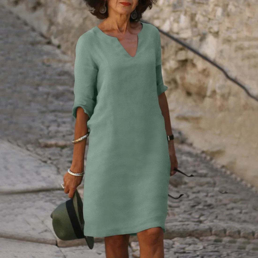 Women's Linen Midi Dress - 3/4 Sleeves & Relaxed Fit